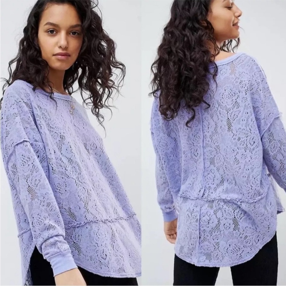 FREE PEOPLE Purple Glacier Not Cold In This Top Lilac Lace Pullover Top Crew B2